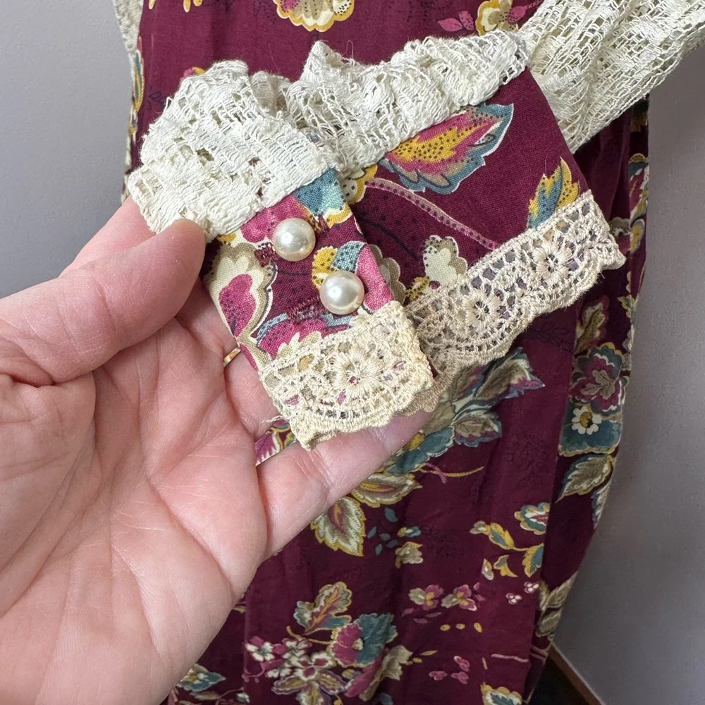 Gunne Sax Vintage-Inspired Burgundy Floral renaissance Dress  Lace Sleeve RARE - Picture 9 of 17